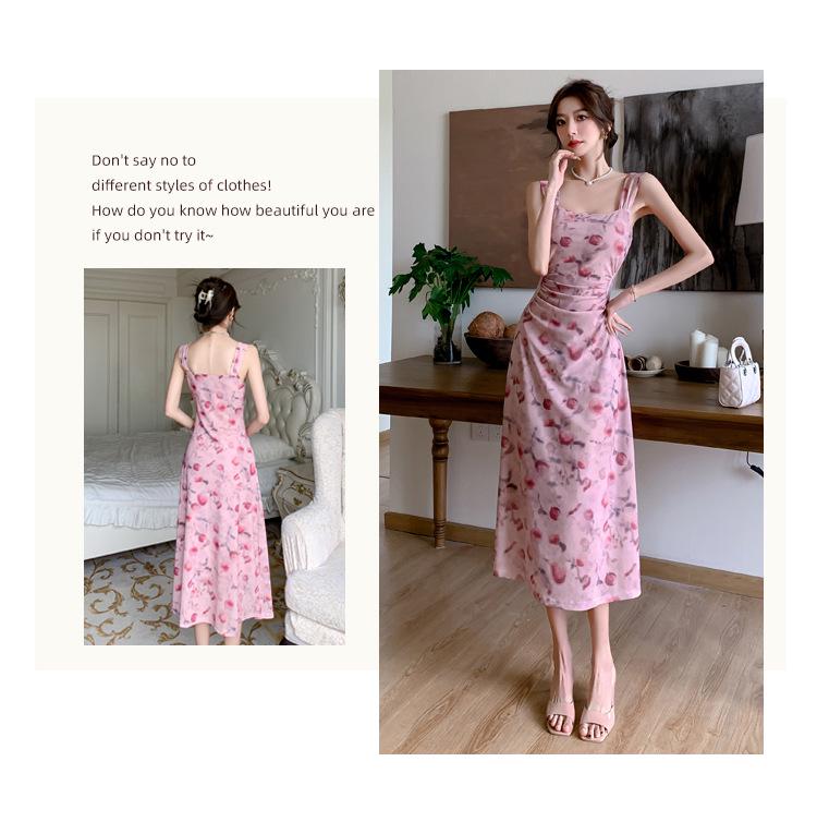 Spring Summer Floral Mesh Spaghetti Strap Maxi Dress for Women