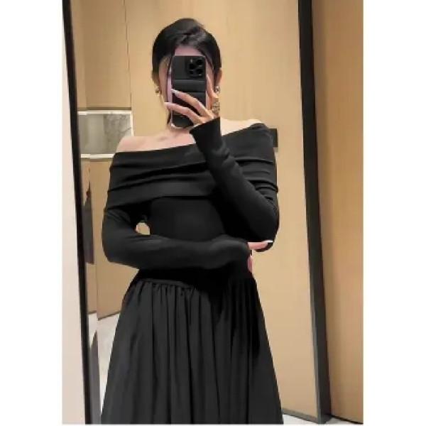 Celebrity fashion temperament lazy Internet celebrity one word shoulder long sleeves high waist splicing A word swinging foreign style dress fried