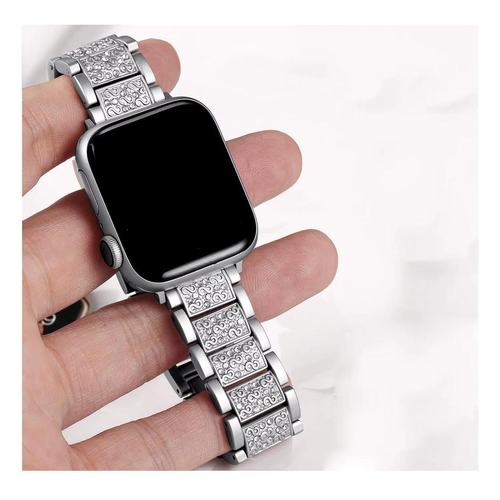 Compatible with Apple Watch 9/8/7: Luxury Women's Three-Bead Full Diamond Metal Strap