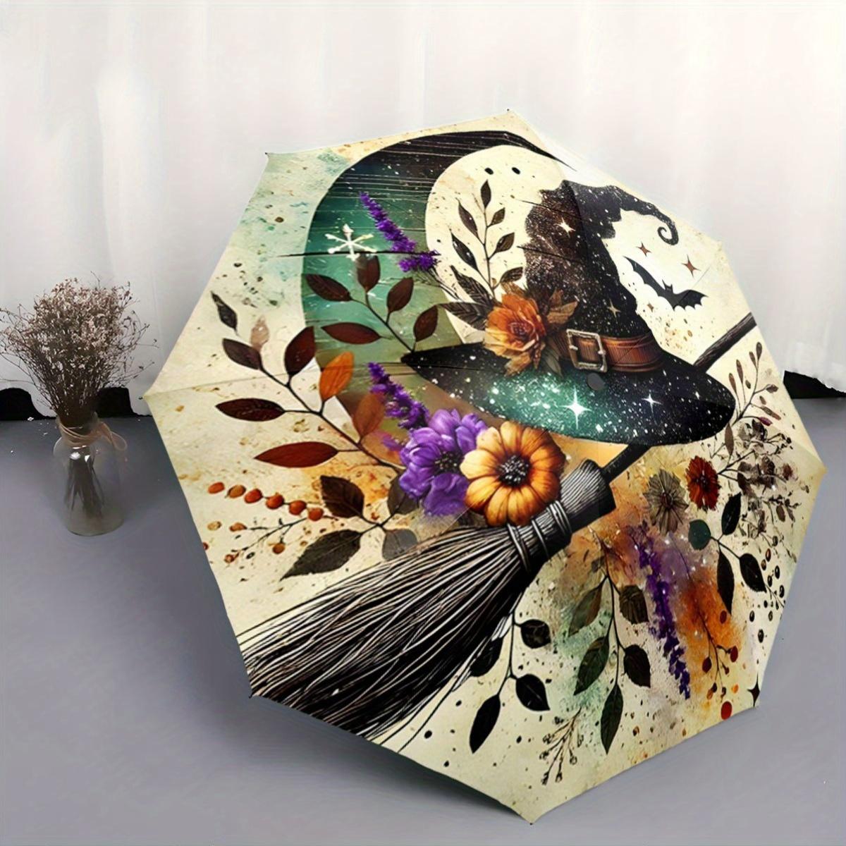 Witch Hat&Broom Folding Umbrella - Automatic Open/Close,Portable Compact Umbrella with Floral Witch Design (Purple/Orange/B
