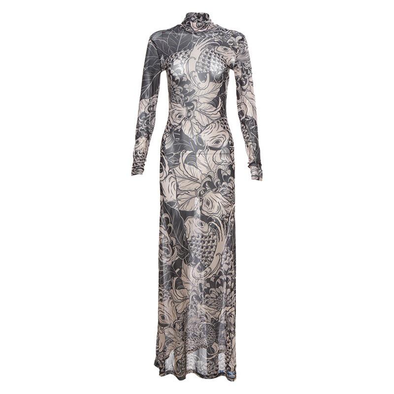 2024 Spring/Summer Women s Mesh Print High Neck Slim Dress M