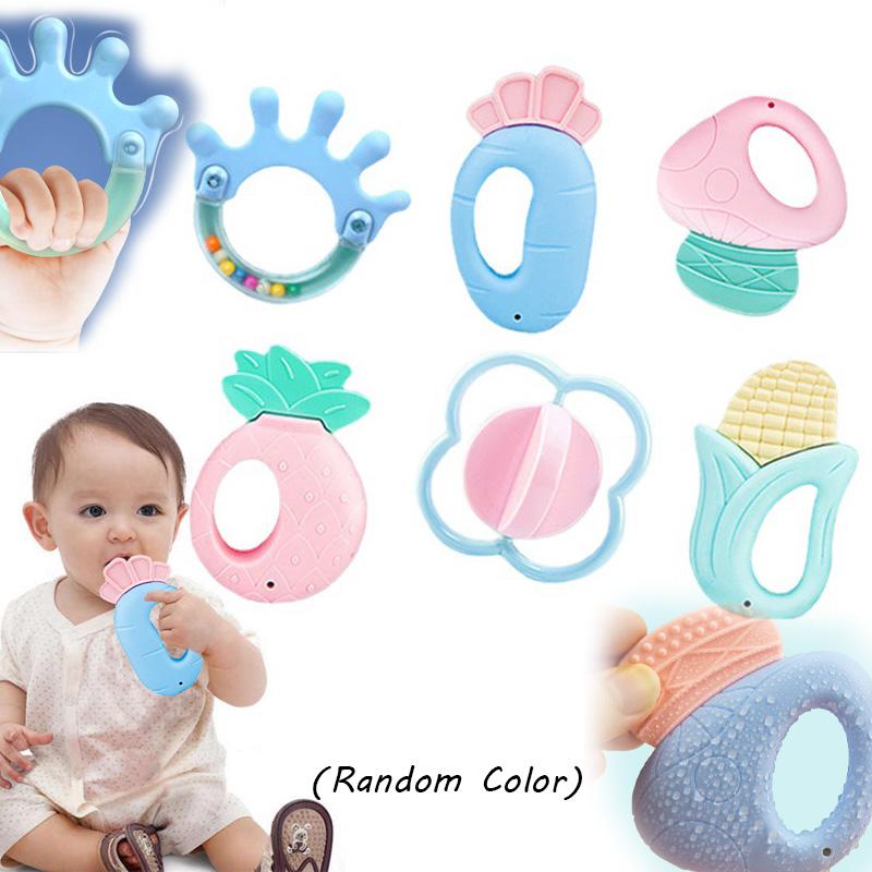 Baby 6pcs Silicone Rattle Set Infant Food Shaped Molar Stick Teething Toys Chew