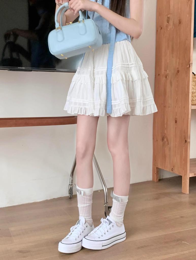 Summer 2025 Women's High-Waist White A-Line Puffy Skirt - Anti-Exposure, Hip-Wrapped Design