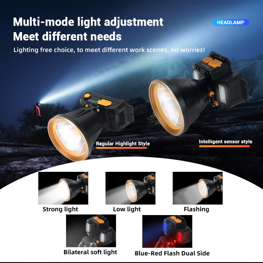 USB Rechargeable Sensor LED Headlamp with Built-in 18650 Battery Outdoor Fishing Head Flashlight 5 Lighting Modes Camping Torch