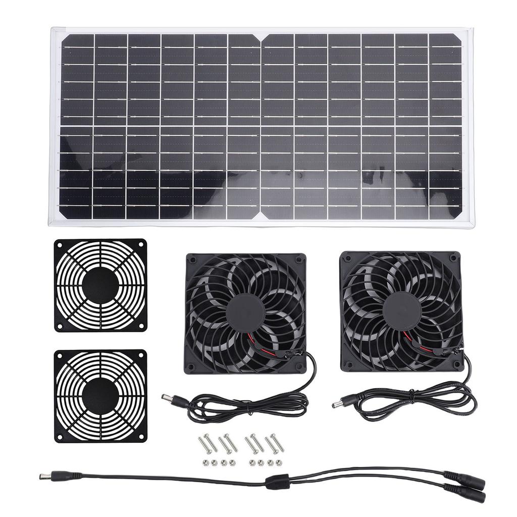 Solar Powered Fan Kit 16W Monocrystalline Solar Panel Dual Exhaust Fans Kit with Protective Net for Pet House Chicken