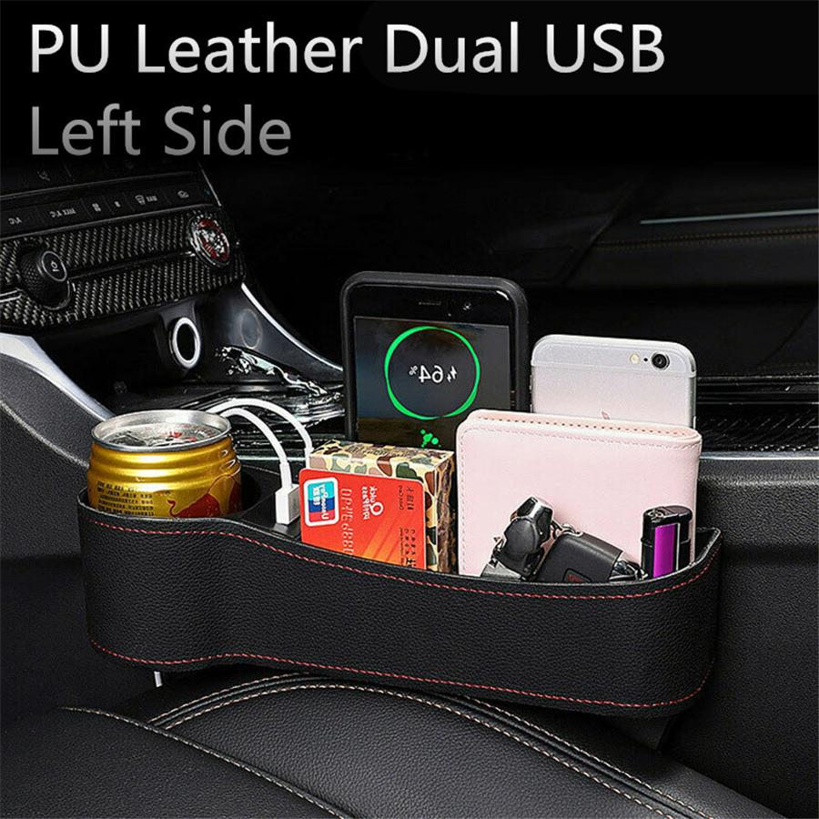 Pgrade Storage Box Car Seat Gap Organizer Pocket PU Leather Auto Seat Side Slit Accessories With 12/24V Cigarette Lighter Drive