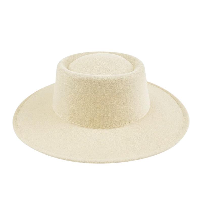British style solid color big brim flat top top top hat French fashion jazz flat top woolen hat autumn and winter felt hat