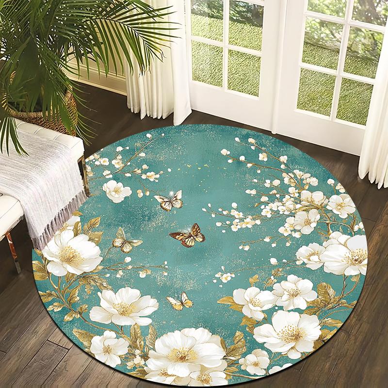 White Flower Retro Style Flannel-printed Round Floor Mats Are Slip-resistant Suitable Living Room Bedroom Terrace Garden Carpets