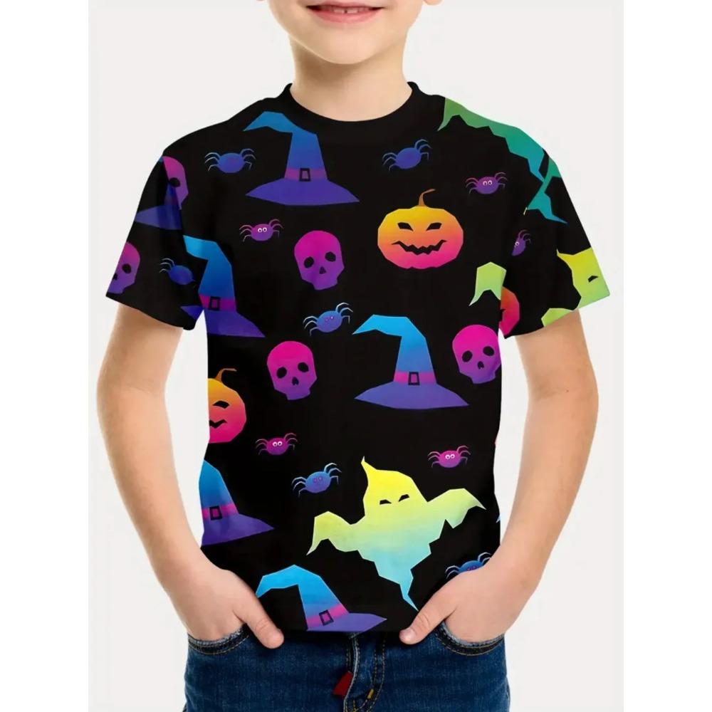 Rundhalsad 3D Robot & Pumpa Grafiskt Tryckta Kortärmade Barnpojks T-shirts - Mjuk Medium Stretch Polyestertyg Sommar Avslappnad Passform Kläder