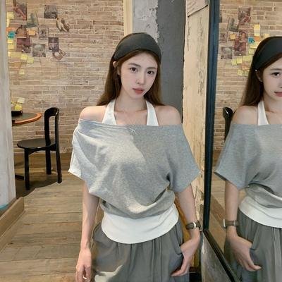 One-word Neck Sling Fake Two-piece Neck Short-sleeved T-shirt Women's Summer Trend Splicing Relaxation Top