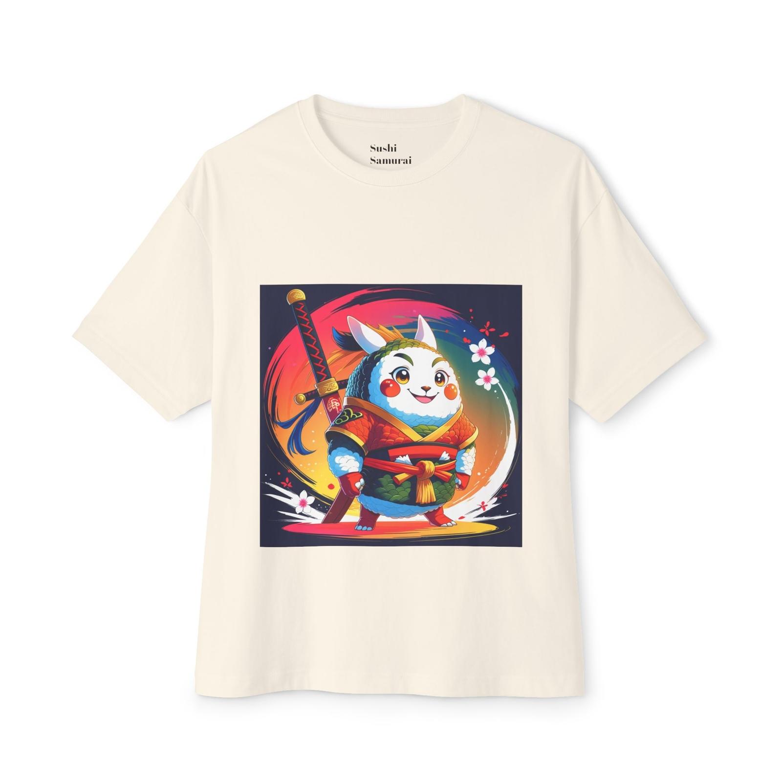 Samurai Cat Sushi Tee, Funny Graphic Print Oversized Box Tshirt, Kawaii Warrior S разноцветный