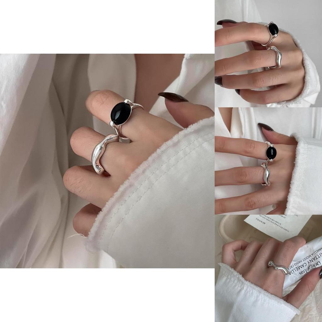 Trendy Black Adjustable Onyx Ring For Women Minimalist Chic Unique Geometric Style
