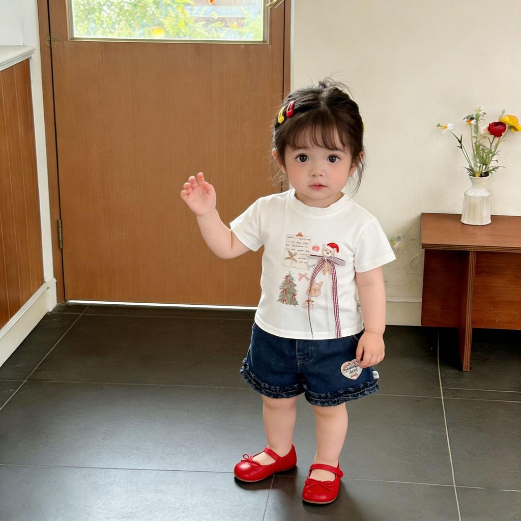 Baby Girl Sweet Summer Suit Baby Foreign Style Bow Thin Short-Sleeved T-Shirt Versatile Denim Shorts