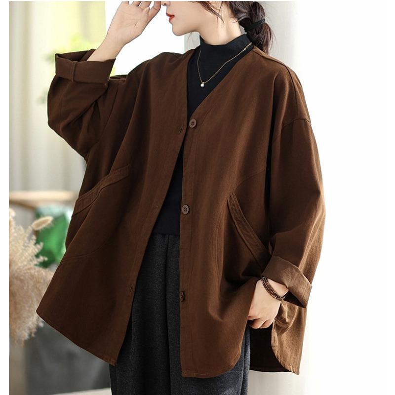 DIMANAF New Plus Size Autumn Women Coat Basic Long Sleeve Jackets Vintage Casual Loose Outerwear Cotton