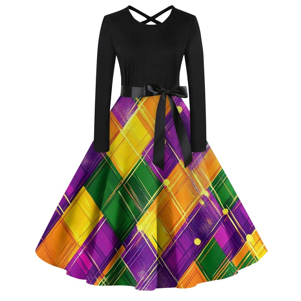 Women's Casual Print O-neck Pullover High Waist Long Sleeve Dress