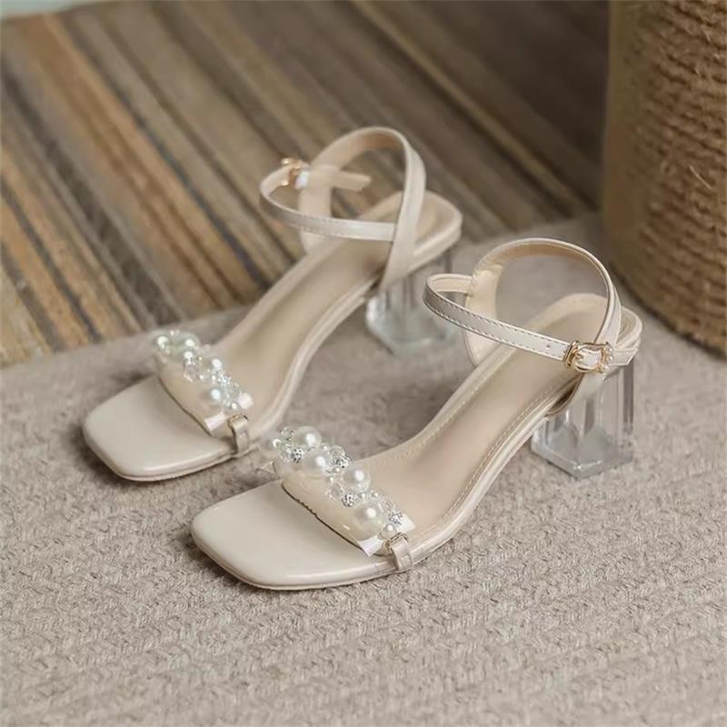 

Summer new transparent high heels French sandals with skirt pearl simple small thick heel one-word sandals women 39