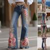 Bell Bottom Jeans for Women 3D Digital Floral Print Stretch Flared Jeans Mid Rise Retro Denim Pants with Pockets