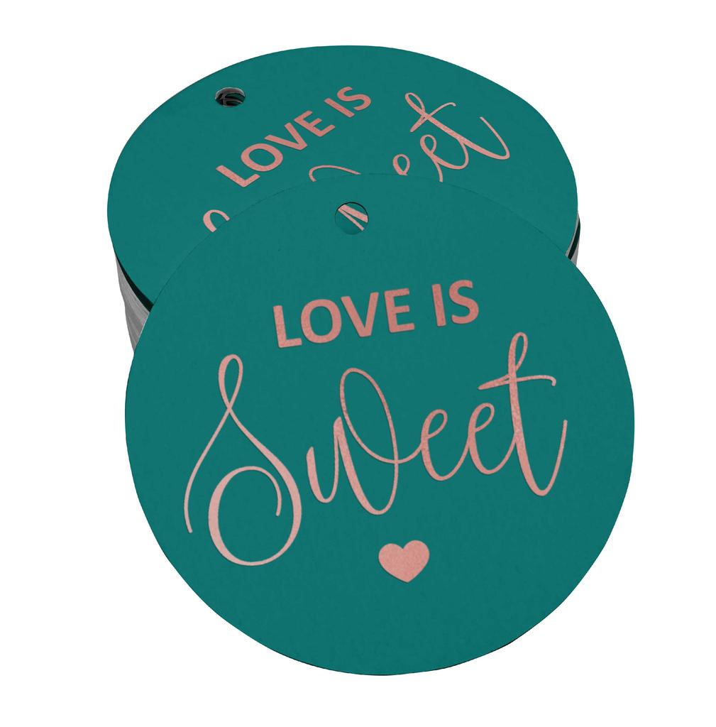 Inkdotpot 100 - Confezione da 100 etichette in carta stagnola color oro vero Love Is Sweet bomboniera da appendere