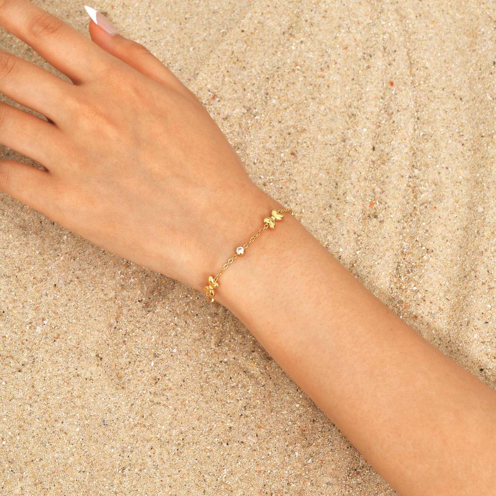 Exquisite Zircon Bowknot Stainless Steel Bracelet 18K Gold Plated Wrist Chain Fashion Party Waterproof Jewelry for Women Girl