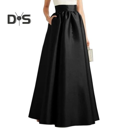 

Женская осенняя юбка макси из искусственного атласа, А-силуэта, длиной до пола, однотонная юбка с высокой талией и карманами, элегантная винтажная повседневная юбка-халат большого размера L чёрный