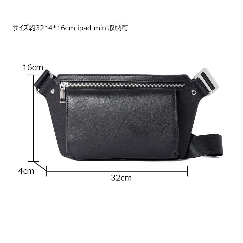 Whatna Antique-Style Tanned Natural Cowhide Leather Crossbody Bag, One-Shoulder Bag for Men, Genuine Leather, Thick, 6928 (Black)