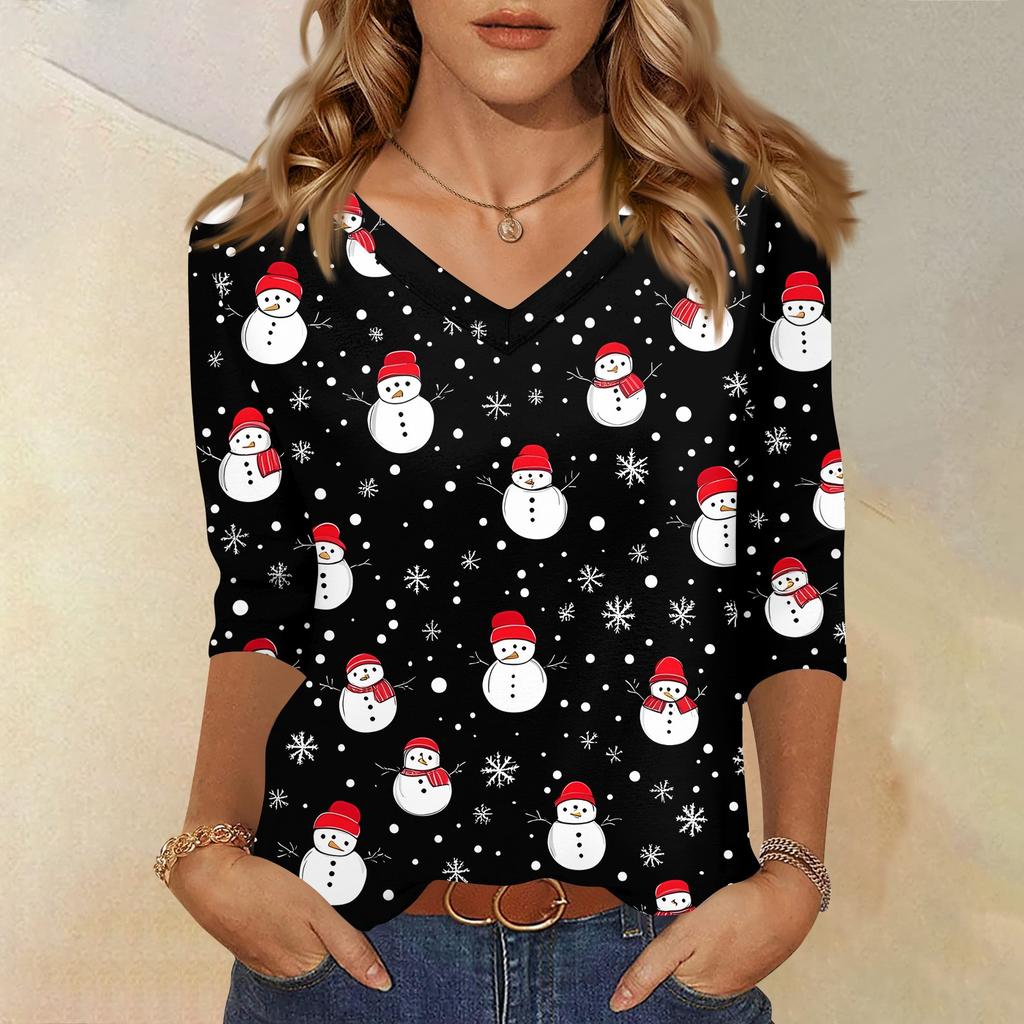Women's T Shirt CHristmas Print 3/4 Sleeve Daily Weekend Fashion Basic V- Neck Regular Top