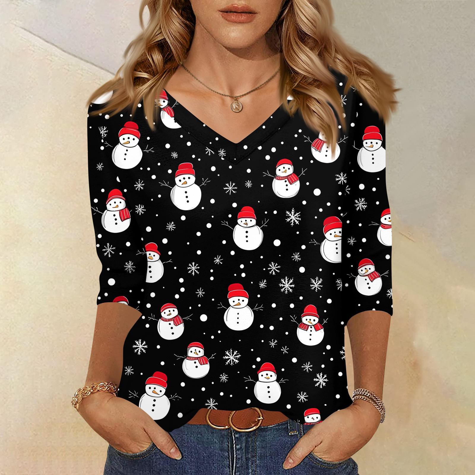 

Женская футболка с рождественским принтом, рукав 3/4, повседневная, для выходных, модная, базовая, с V-образным вырезом, обычный топ L чёрный