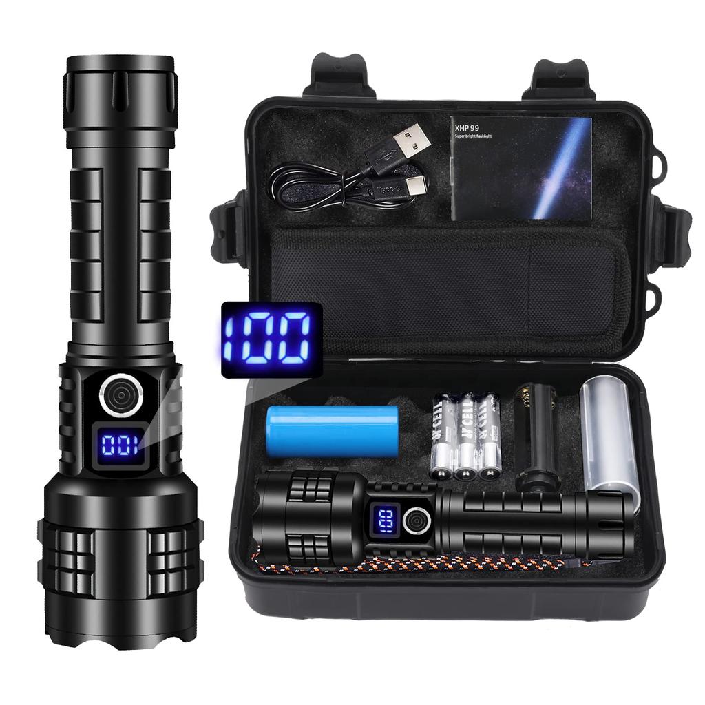 Lumens Rechargeable LED Military IP67 5 Dimmable Adjustable Zoom 3 AAA 5000mAh Powerful, Ultra-Bright 50,000 Flashlight, Grade, Powerful, XHP99,
