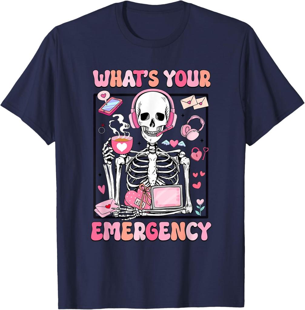 Skeleton Dispatcher Valentines Day Whats Your Emergency Graphic T-Shirt Men Casual Daily Cotton Tee