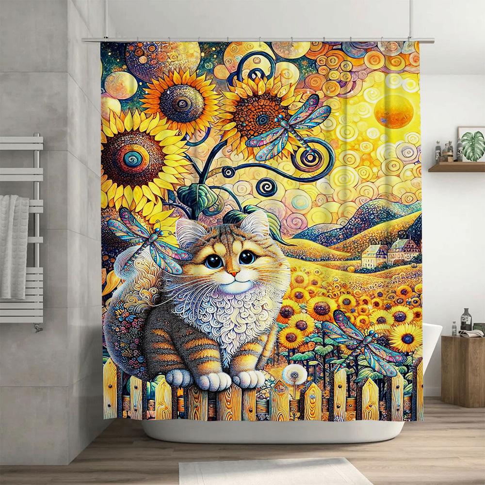 Colorful Sunflowers Cat Print Shower Curtain for Bathroom Decoration 3D High-Definition Printed Waterproof Fabric Available in V