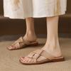 Fashion New Summer Slippers Genuine Leather Sandals Square Toe Shoes for Women Fashion Concise Low Heels Slippers Handmade Apricot