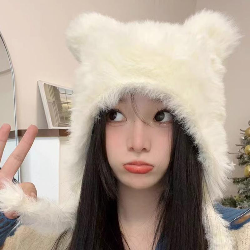 Winter Warm Plush Hat for Women Funny Bear Ear Hat Hooded Skull Hat Outdoor Activity Cap Windproof Headwear Pullover Hat