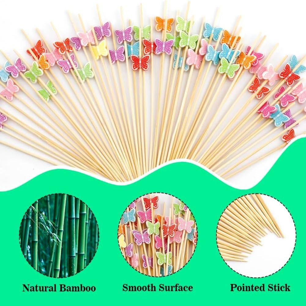 300 pcs Disposable Fruit Swab 4.7 Inch Cocktail Pick Durable Bamboo Butterfly Fruit Skewer  Fruit