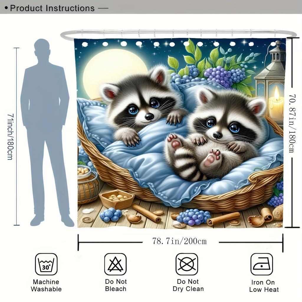 Süßer Waschbär Digitaldruck Duschvorhang - Wendbares Polyester, Maschinenwaschbar, Gestrickte Textur, Ganzjahres Badezimmerdekor