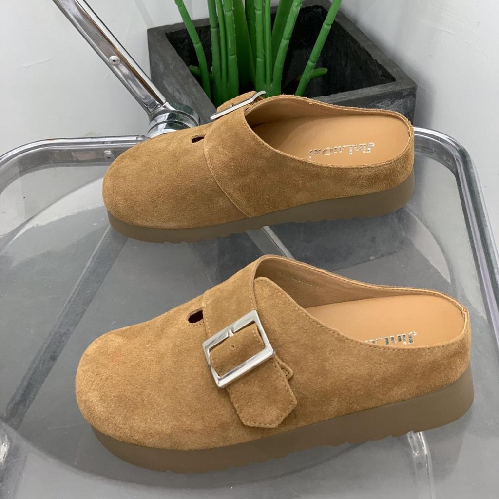 Thick-soled baotou half-towed women wear new muffin versatile in spring and autumn 2025, lazy without heel, little white shoes women