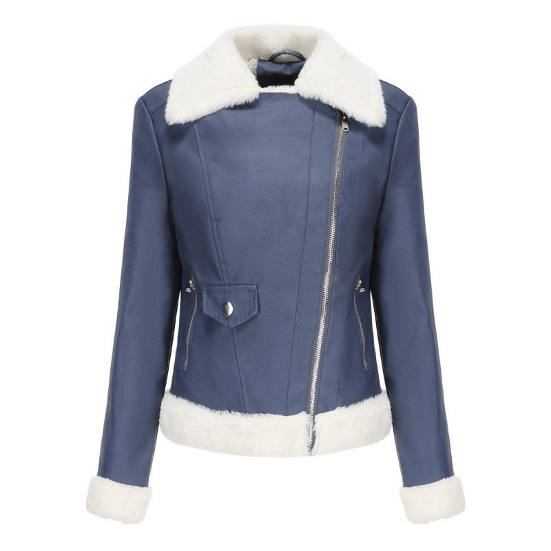 Womens Faux Leather Jacket With Fleece Lining Long Sleeve Turn-Down Collar Outerwear Winter Commute Casual