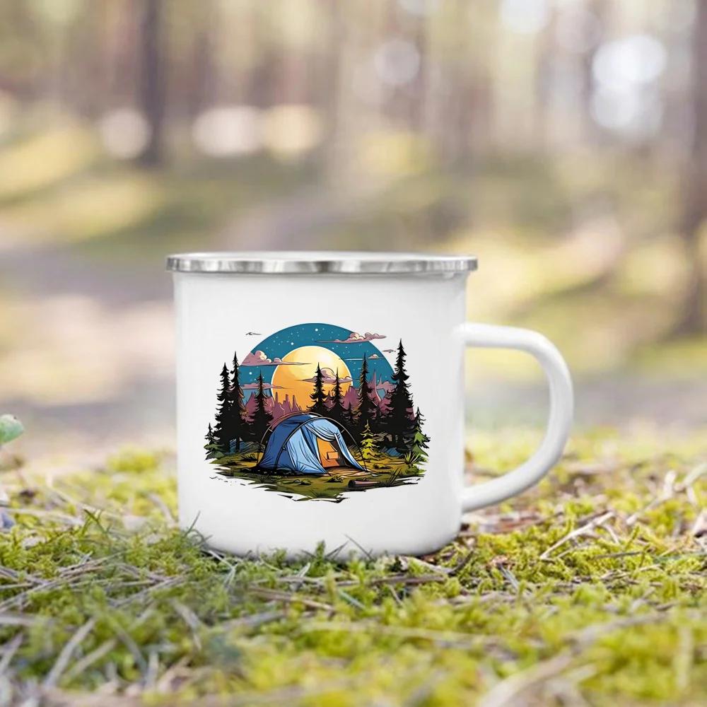 Adventure Day Caravan Printed Camper Mugs Camping Enamel Mug Campfire Party Beer Juice Cup Mountain Handle Cups Gifts for Camper