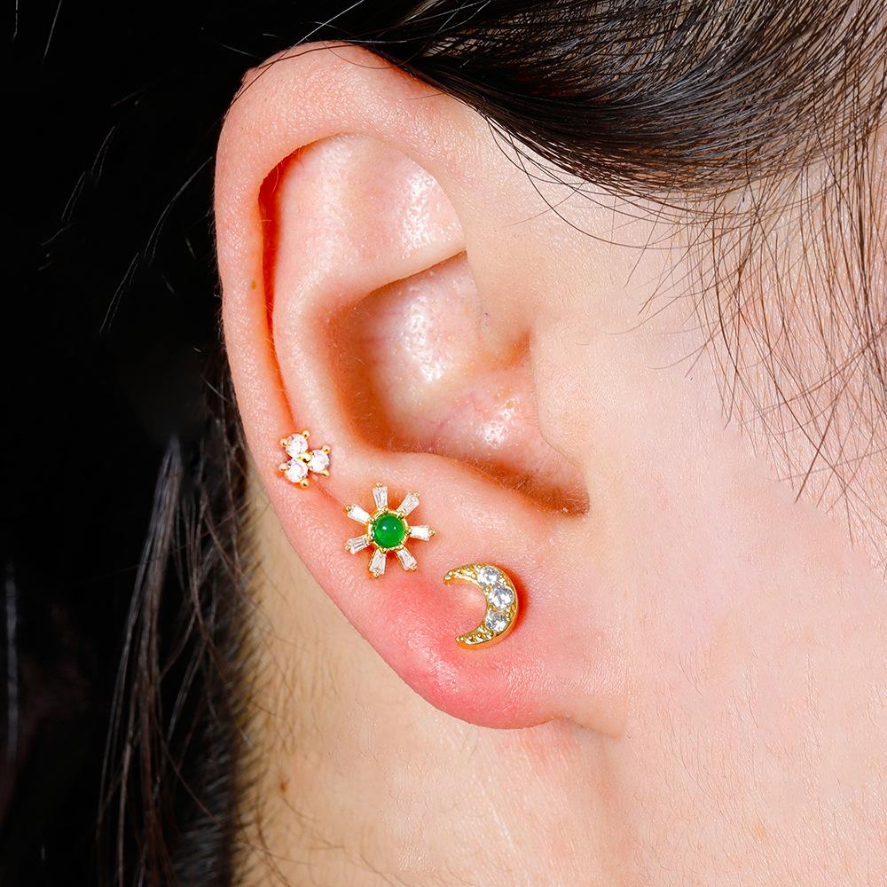 Cross-Border Hot Selling Snowflake Moon Zircon Ear Bone Stud Six-Leaf Flower Studs Tragus Body Piercing Jewelry