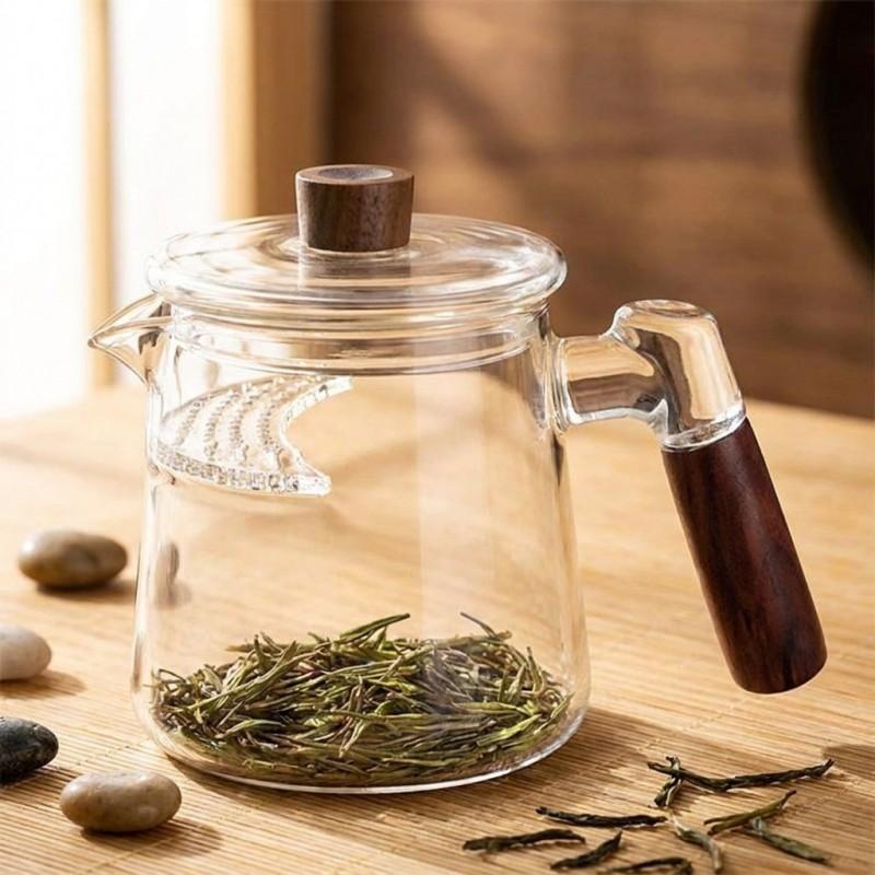 Glass Teapot With Wooden Handle Moon Shape Strainer Loose Leaf Green Tea Brewing On Electric Ceramic Stove