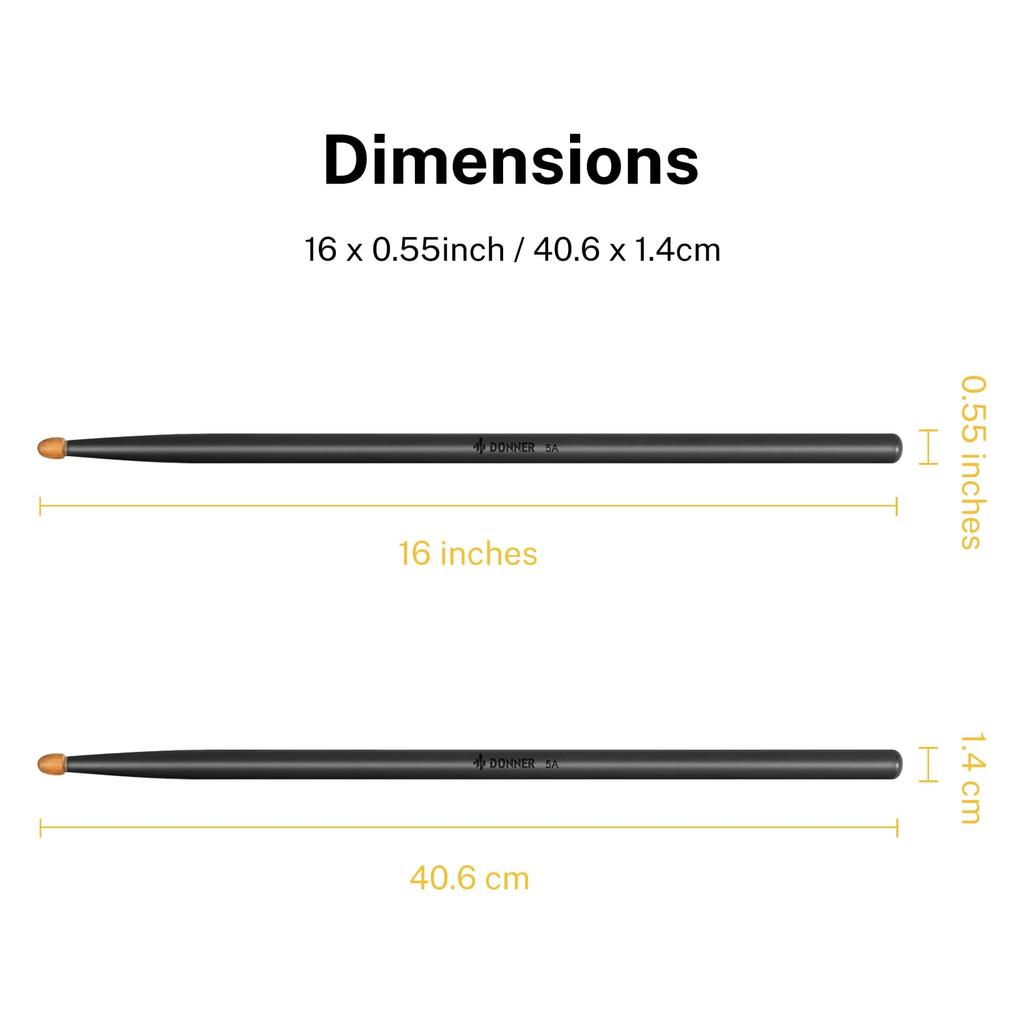 Donner Drumsticks, Set of 2, 5A Maple Wood, Practice Pad, Snare Drum, Percussion Sticks, with Storage Case, Black, Christmas, Birthday Gift