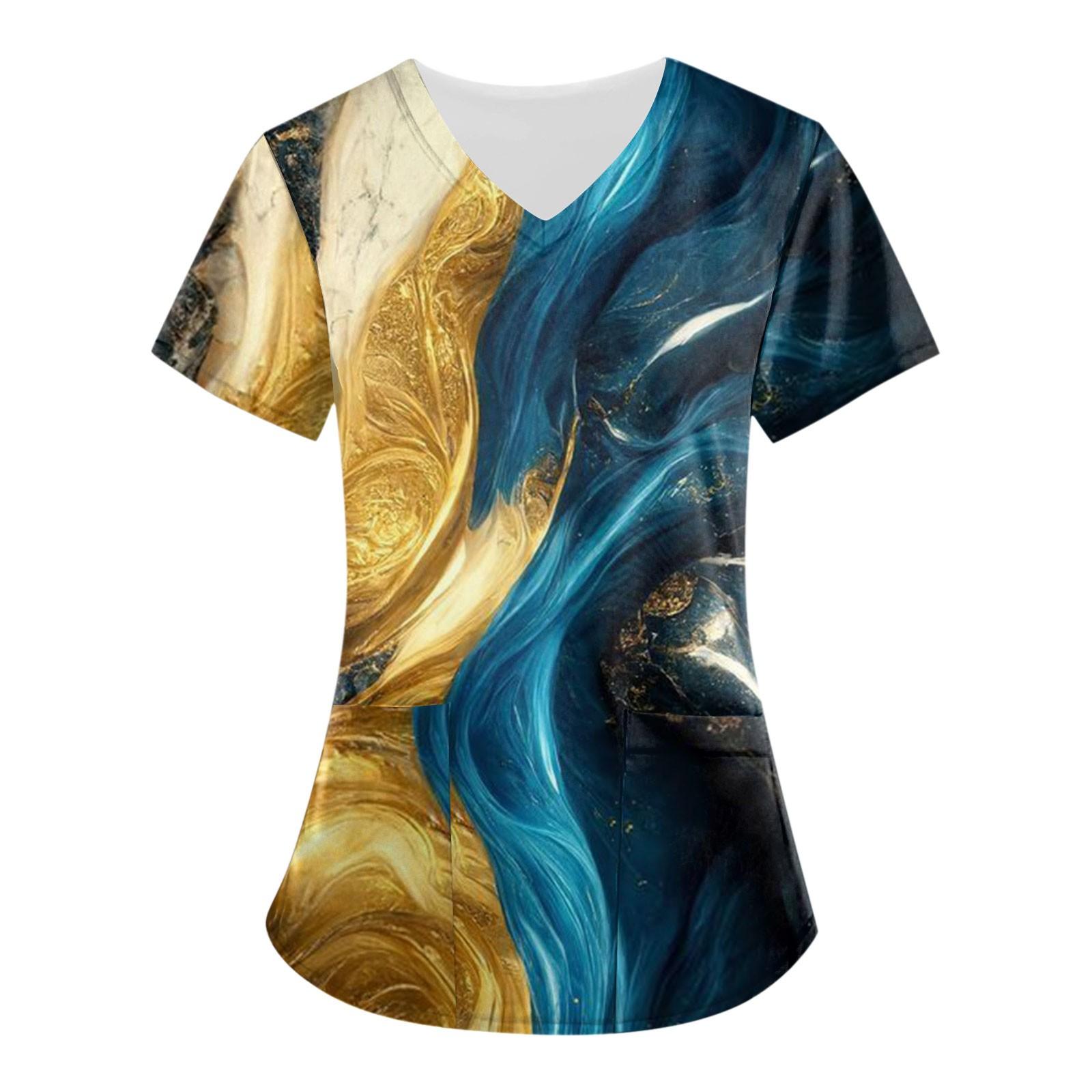 

Женские топы с короткими рукавами и v-образным вырезом с принтом, рабочая форма, карманная блузка XXXL синий