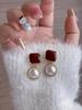 Silver Needle Red Heart Pearl Drip Stud Earrings: French Retro Vintage Ear Cuffs for Autumn and Winter.