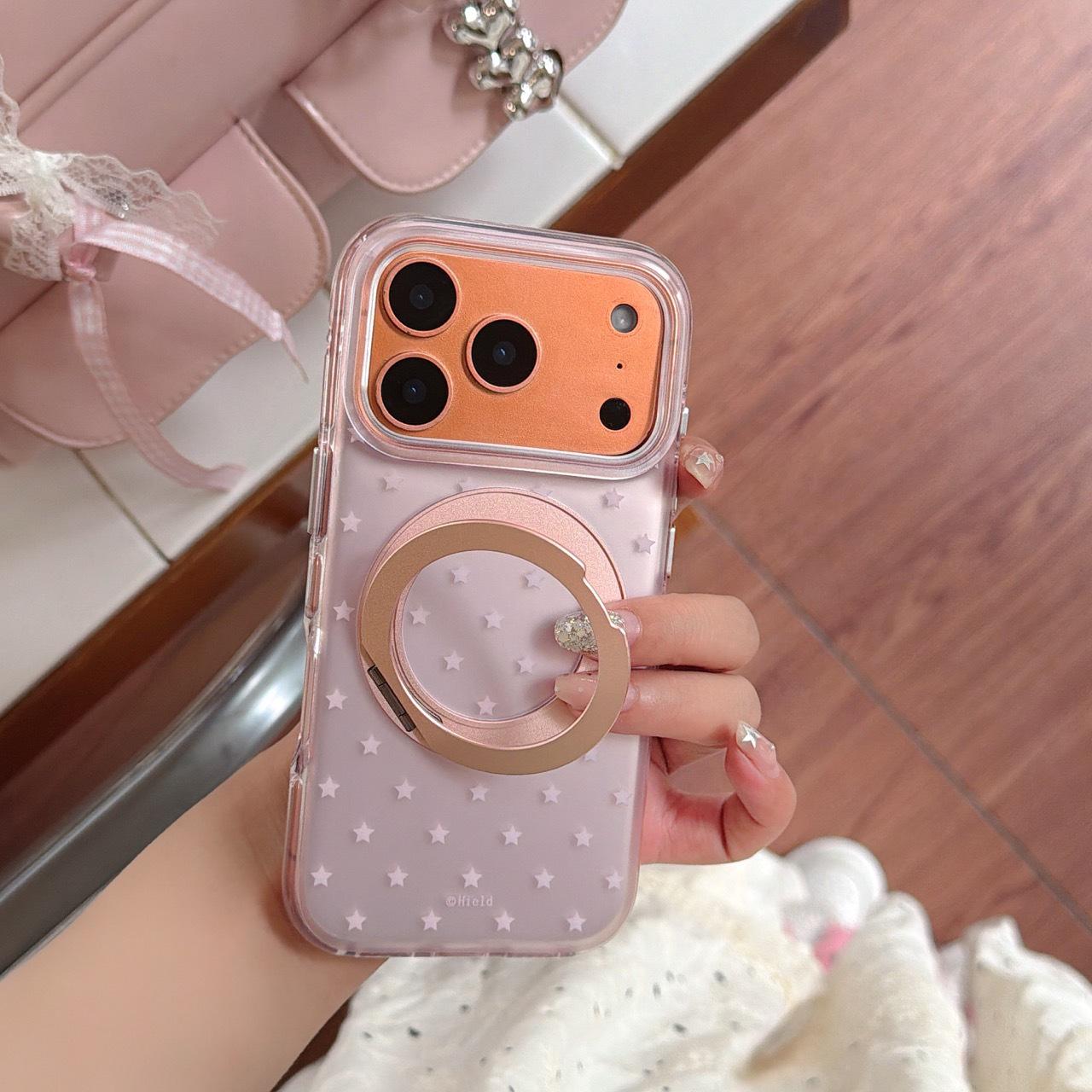 

Stylish Pink Star Phone Case with Magnetic Bracket for iPhone 17 Pro Max 15 Pro Max