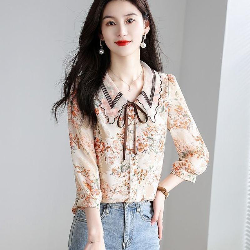 Vintage Flower Print Bow Shirt Women Clothing Summer Three Quarter Sleeve Tops Loose Sweet Blouse