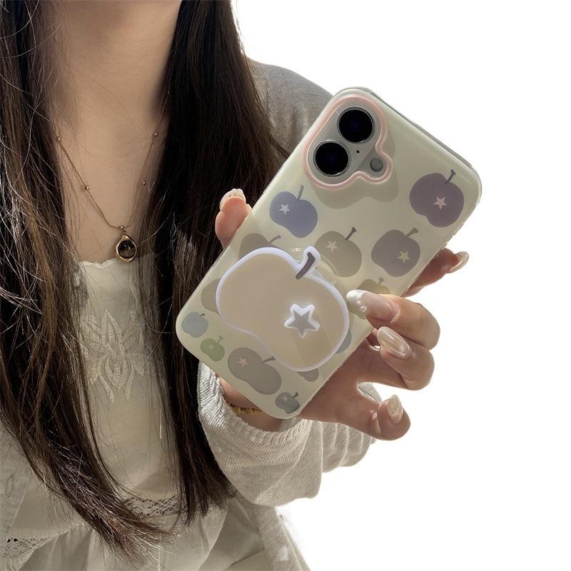 Korean Style Colored Apple Stand Case for iPhone 17, 16 Pro Max, 15, 14