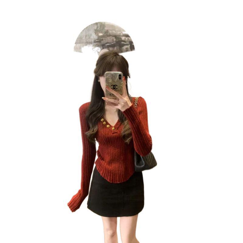 Dámský luxusní červený pletený svetr s výstřihem do V - Neobvyklá móda pro podzim/zimu