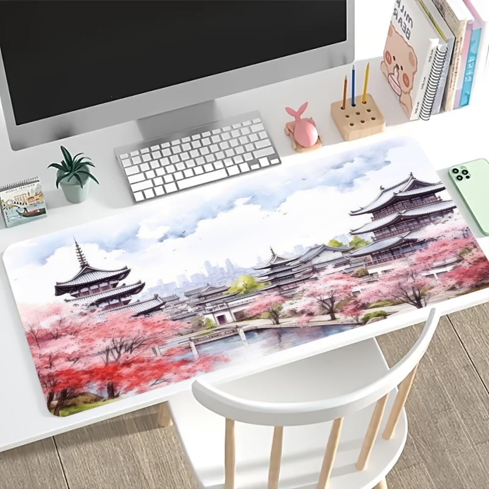 Chinese Ink Sakura Ancient Pavilion Gaming Mouse Pad Non Slip Stitched Desk Mat Smooth Oriental Style Desktop Desk Gadgets