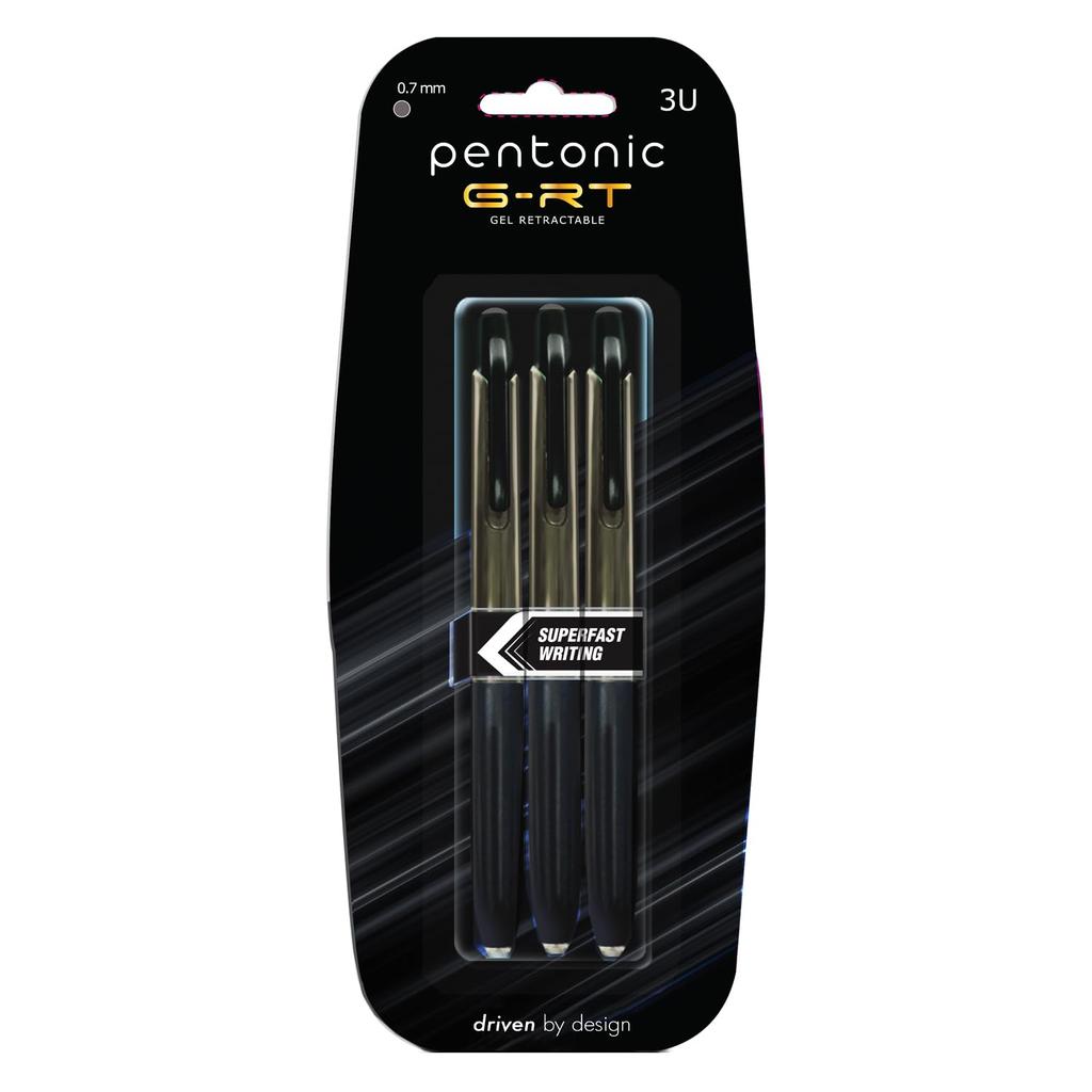 Pentonic G-RT 0.7mm Gel Pen Black Ink Smooth Writing Quick Dry Blister Pack for Office School Notes Pack of1 X 3 Pens