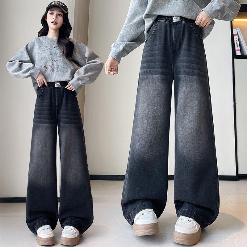 Plus Size Women's Black Denim Pants, Loose Elastic Waist, Wide-Leg, Straight, Floor-Length, Winter Extra Thick, Slimming, Fits Up to 200 Jin.