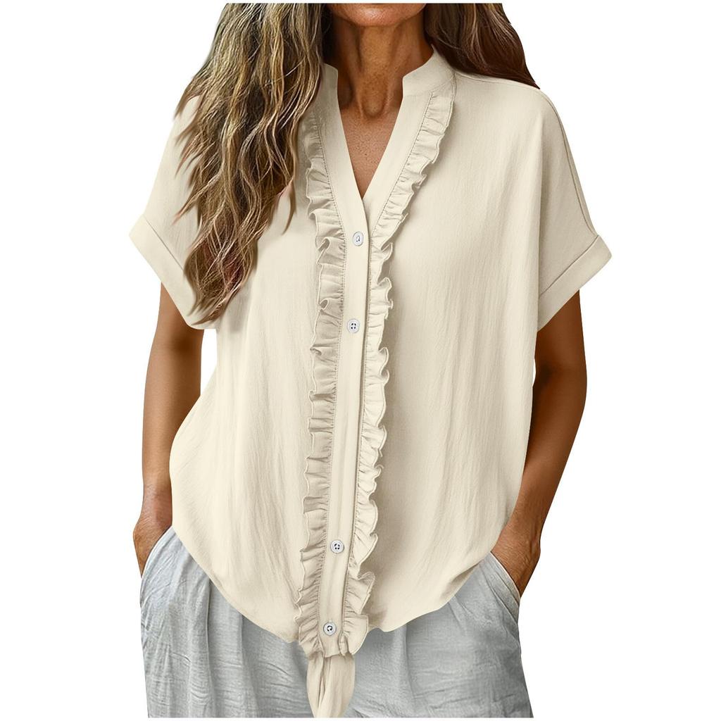 Women's Casual Short-Sleeve Cotton Linen Ruffled Button-Up Shirt